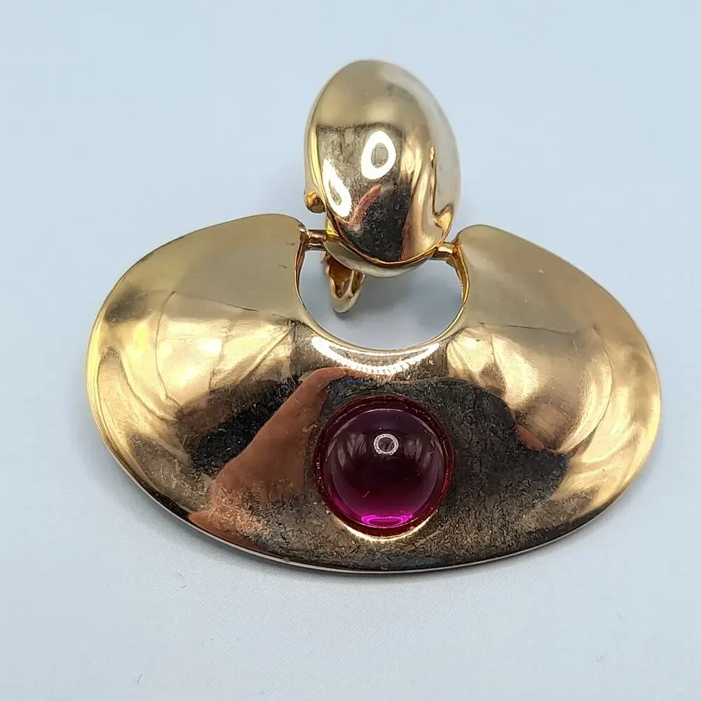 Vintage Chunky Dangle Clip Earrings, Purple Cabochons, Gold Tone, 1980s